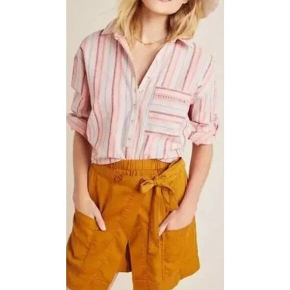 Anthropologie Maeve Lida Button Down Stripe Linen Top Pink size 1X - Picture 8 of 10